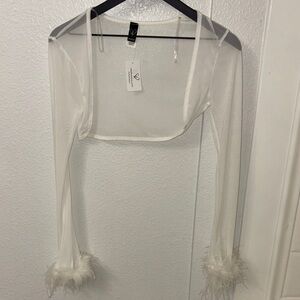 Windsor White Sheer Mesh Bolero Shrug with Feather Cuffs